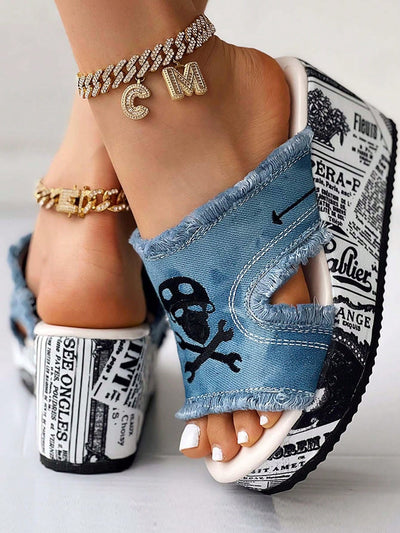 Skeleton Newspaper Print Wedge Sandals: Glam Up Your Halloween Look!