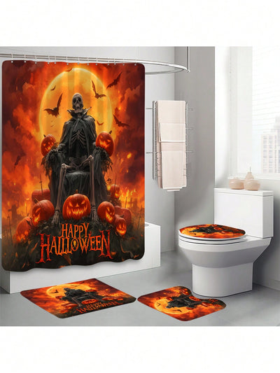 Spooky Chic Pumpkin Skull Bathroom Set: Shower Curtain, Toilet Mat, and Bathmat Ensemble