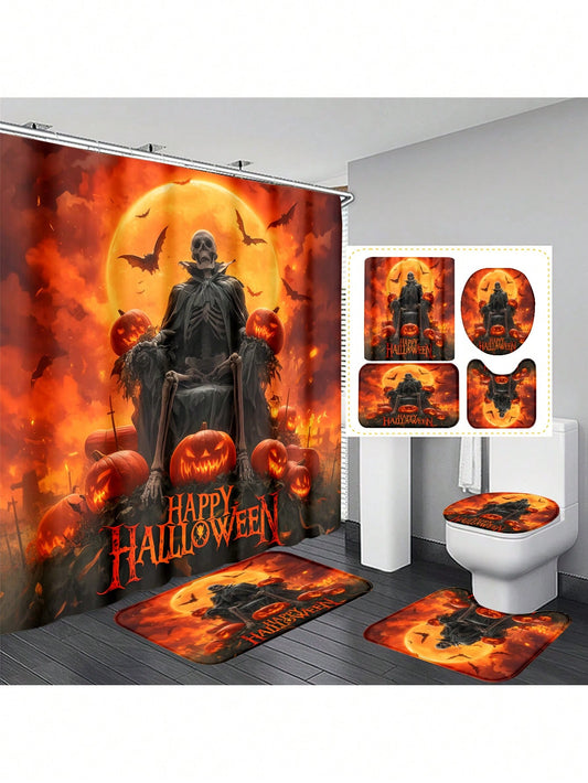 Upgrade your bathroom with the Spooky Chic Pumpkin Skull Bathroom Set. This ensemble includes a shower curtain, toilet mat, and bathmat, all featuring a spooky yet chic pumpkin skull design. Elevate your bathroom decor while also adding a touch of Halloween ambiance.