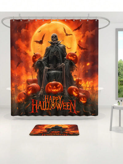 Spooky Chic Pumpkin Skull Bathroom Set: Shower Curtain, Toilet Mat, and Bathmat Ensemble