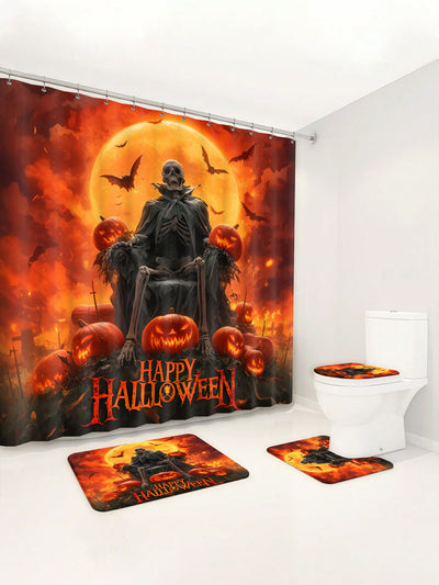 Spooky Chic Pumpkin Skull Bathroom Set: Shower Curtain, Toilet Mat, and Bathmat Ensemble