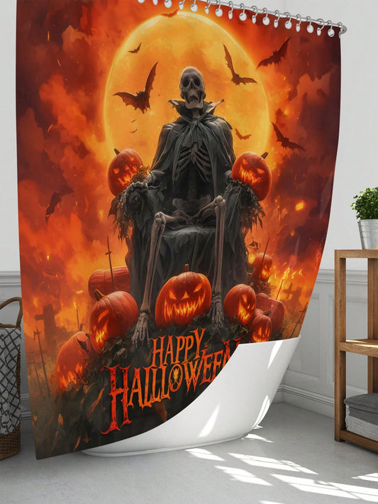 Spooky Chic Pumpkin Skull Bathroom Set: Shower Curtain, Toilet Mat, and Bathmat Ensemble