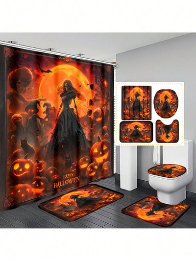 Spooky Chic Pumpkin Skull Bathroom Set: Shower Curtain, Toilet Mat, and Bathmat Ensemble