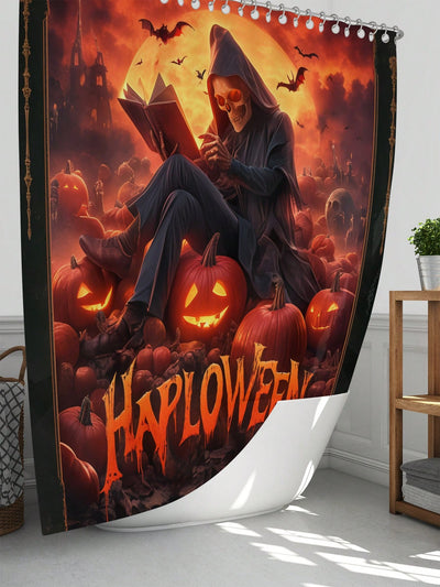 Spooky Chic Pumpkin Skull Bathroom Set: Shower Curtain, Toilet Mat, and Bathmat Ensemble