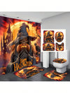 Spooky Chic Pumpkin Skull Bathroom Set: Shower Curtain, Toilet Mat, and Bathmat Ensemble