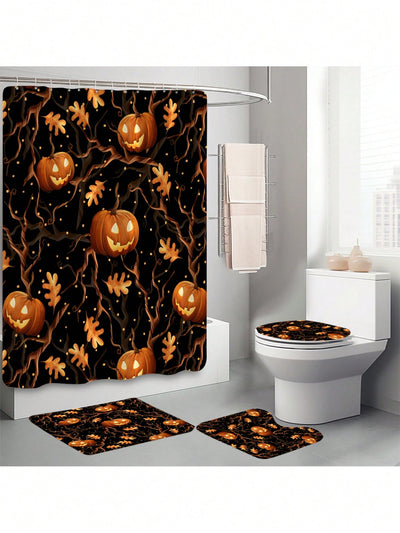 Halloween Bathroom Decor Set: Bat & Pumpkin Shower Curtain and Mat Collection