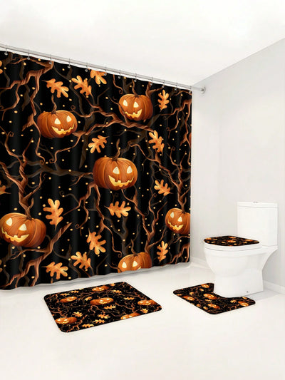 Halloween Bathroom Decor Set: Bat & Pumpkin Shower Curtain and Mat Collection