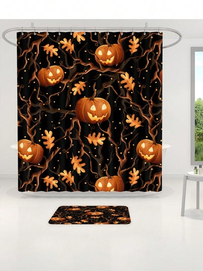 Halloween Bathroom Decor Set: Bat & Pumpkin Shower Curtain and Mat Collection