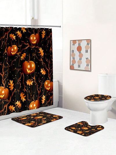 Halloween Bathroom Decor Set: Bat & Pumpkin Shower Curtain and Mat Collection