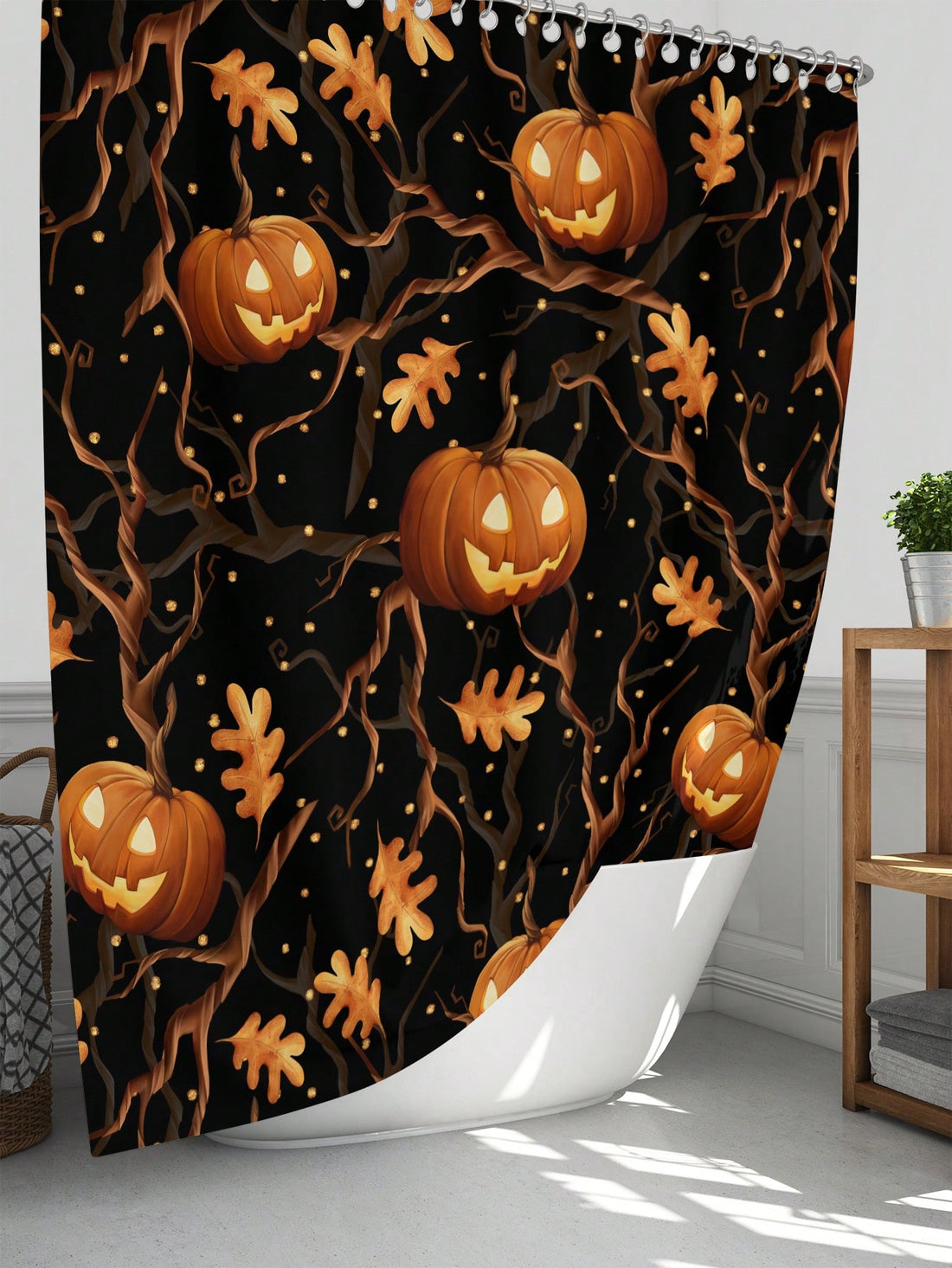 Transform your bathroom into a spooky space with our Halloween Bathroom Decor Set. Featuring a Bat &amp; Pumpkin Shower Curtain and Mat Collection, this set will add the perfect touch of festive fun to your home. Made with high-quality materials, this set guarantees durable and stylish decor for your seasonal celebrations.