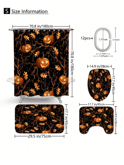 Halloween Bathroom Decor Set: Bat & Pumpkin Shower Curtain and Mat Collection