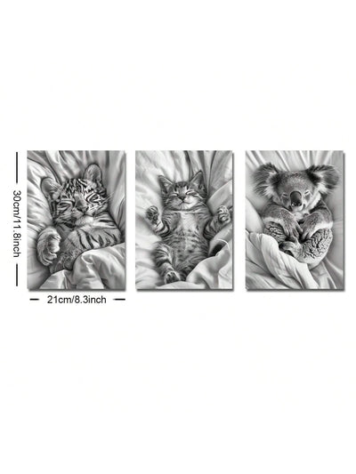 Adorable Animal Art Trio: Tiger, Cat, and Koala Canvas Wall Prints - Perfect for Dorms, Bedrooms, and Home Decor