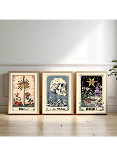 Celestial Mystical Tarot Card Art Set: The Sun, The Moon, The Star - Earthy Boho Astrology Posters