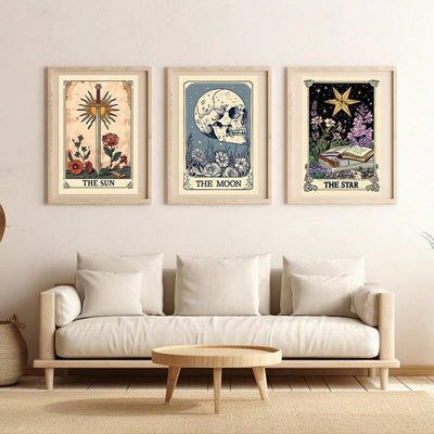 Celestial Mystical Tarot Card Art Set: The Sun, The Moon, The Star - Earthy Boho Astrology Posters