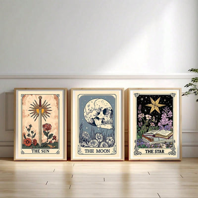 Celestial Mystical Tarot Card Art Set: The Sun, The Moon, The Star - Earthy Boho Astrology Posters