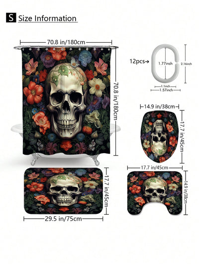 Skull Full Scene Bathroom Set: Shower Curtain, Mats, and Hooks - Waterproof and Anti-Slip for Halloween Decor