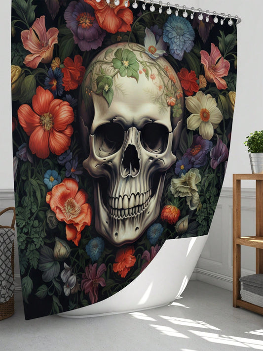 Skull Full Scene Bathroom Set: Shower Curtain, Mats, and Hooks - Waterproof and Anti-Slip for Halloween Decor