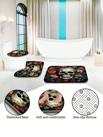 Skull Full Scene Bathroom Set: Shower Curtain, Mats, and Hooks - Waterproof and Anti-Slip for Halloween Decor