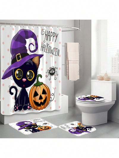 Pumpkin Cat Bathroom Set: Shower Curtain, Anti-Slip Mat, and Toilet Cover