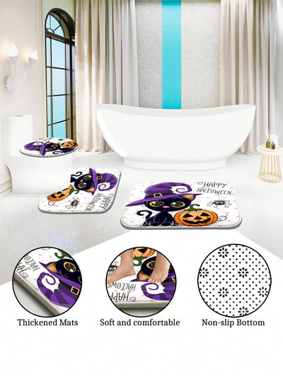 Pumpkin Cat Bathroom Set: Shower Curtain, Anti-Slip Mat, and Toilet Cover