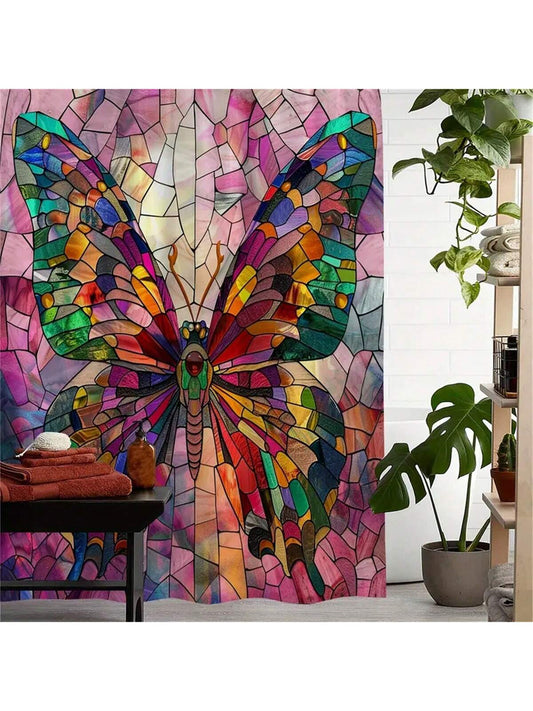 Upgrade your bathroom decor with our Stained Glass Butterfly Print Shower Curtain. Made waterproof and complete with hooks, this animal-inspired curtain adds a touch of nature to any bathroom. Enjoy the stunning design while keeping your bathroom floor dry.