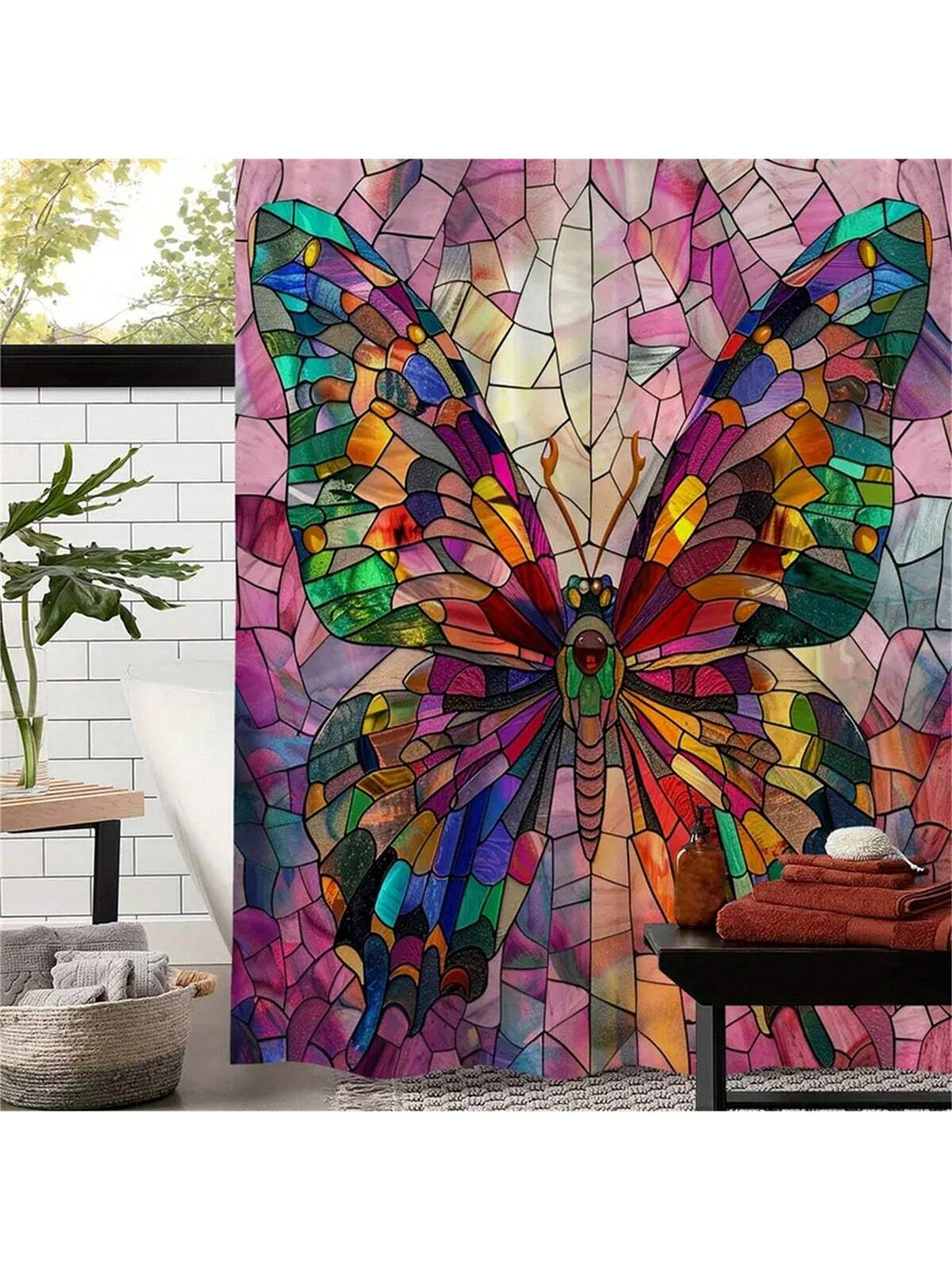 Upgrade your bathroom decor with our Stained Glass Butterfly Print Shower Curtain. Made waterproof and complete with hooks, this animal-inspired curtain adds a touch of nature to any bathroom. Enjoy the stunning design while keeping your bathroom floor dry.