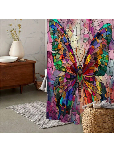 Stained Glass Butterfly Print Waterproof Shower Curtain With Hooks - Animal Theme