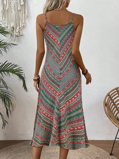 Bohemian Bliss: Floral Printed V-Neck Spaghetti Strap Maxi Dress for Effortless Vacation Style