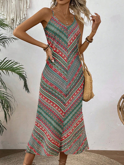 Bohemian Bliss: Floral Printed V-Neck Spaghetti Strap Maxi Dress for Effortless Vacation Style