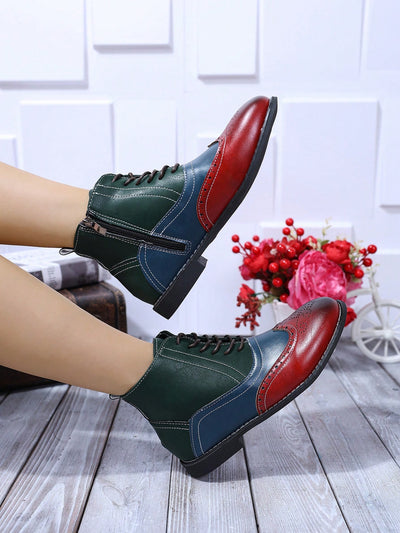 Chic British Style Brogue Patchwork Boots - Retro 3-Strap Leather Footwear for Women