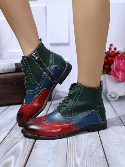 Chic British Style Brogue Patchwork Boots - Retro 3-Strap Leather Footwear for Women