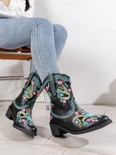 Vintage Chic: Embroidered Knee-High Boots with Thick High Heels for Women