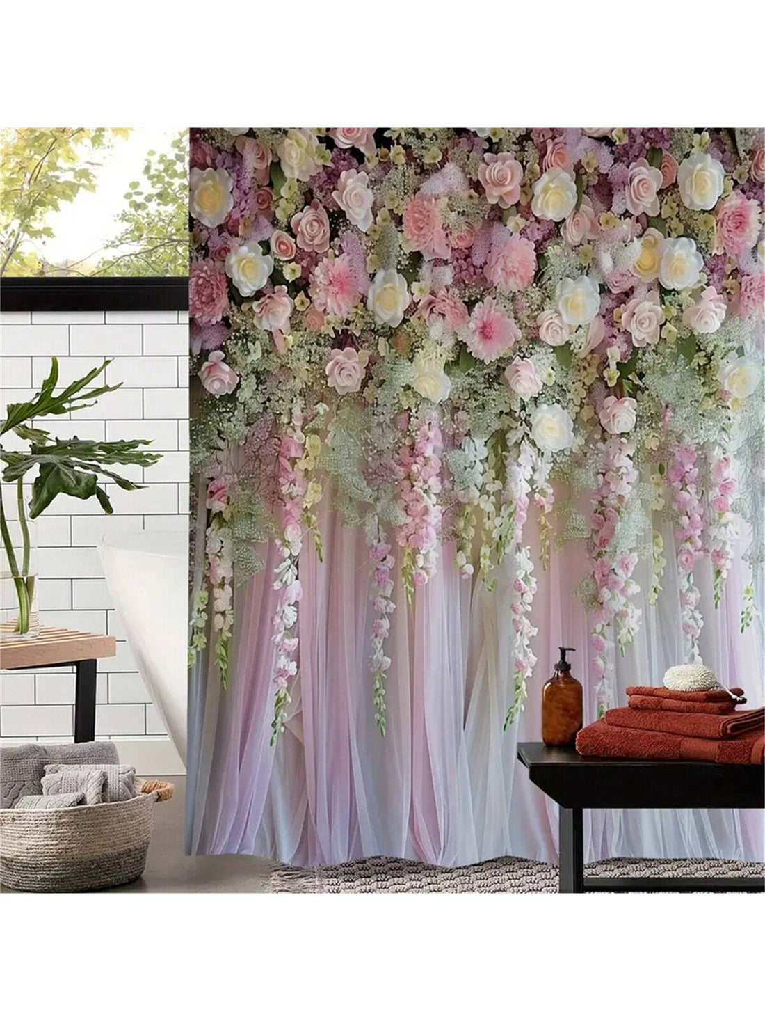 This Vintage Floral Sheer Valance Waterproof Shower Curtain combines elegant aesthetics with practical functionality. Its arts themed design adds a touch of sophistication to any bathroom, while the 12 hooks ensure easy installation. And with its waterproof material, you'll never have to worry about water damage again.