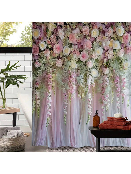 Vintage Floral Sheer Valance Waterproof Shower Curtain - Arts Themed Design with 12 Hooks