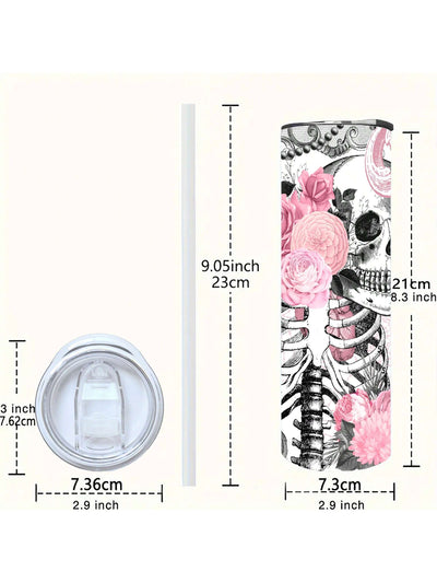 Skull Flower Pink Insulated Water Bottle: Ideal for Halloween, Gym, and Outdoor Sportsull