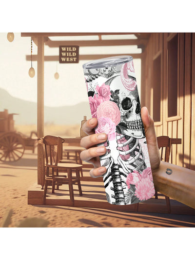 Skull Flower Pink Insulated Water Bottle: Ideal for Halloween, Gym, and Outdoor Sportsull