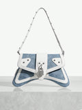 This Street Chic Rivets Denim Print Hobo Bag is perfect for a fashion-forward individual. The denim print adds an edgy feel, while the metallic padlock adds a touch of luxury. With spacious design and durable rivets, this bag is both fashionable and functional for everyday use.
