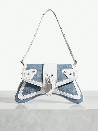 This Street Chic Rivets Denim Print Hobo Bag is perfect for a fashion-forward individual. The denim print adds an edgy feel, while the metallic padlock adds a touch of luxury. With spacious design and durable rivets, this bag is both fashionable and functional for everyday use.