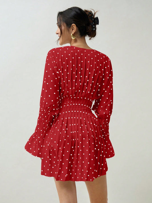 Chic and Timeless: Women's Polka Dot Pleated V-Neck Dress