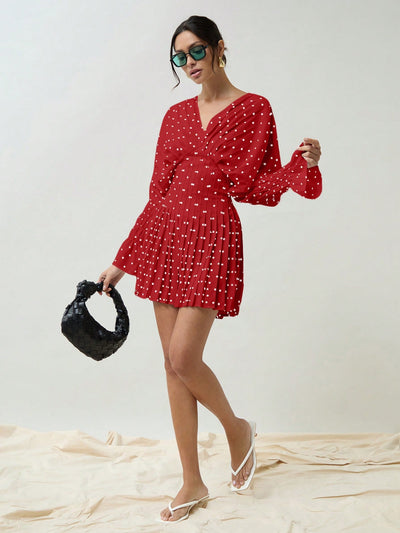 Chic and Timeless: Women's Polka Dot Pleated V-Neck Dress