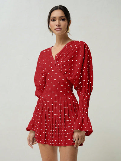 Chic and Timeless: Women's Polka Dot Pleated V-Neck Dress