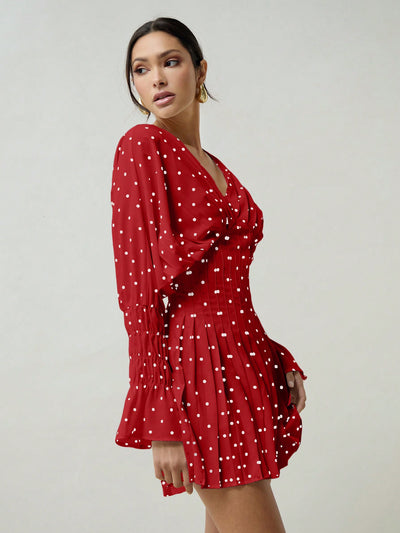 Chic and Timeless: Women's Polka Dot Pleated V-Neck Dress