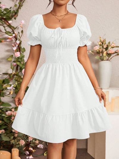 Chic Summer Vibes: Tie Front Ruffle Hem Puff Sleeve Dress