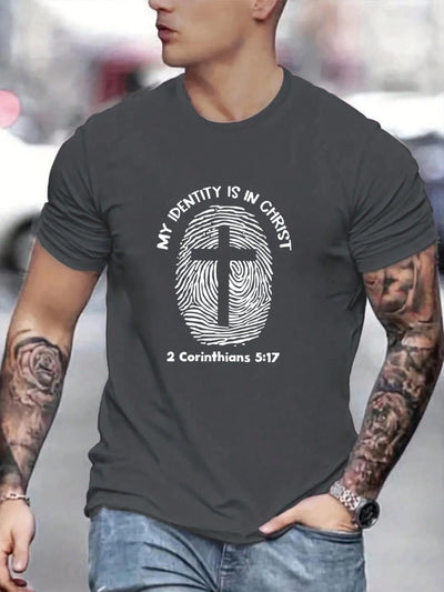 Men's Cross & Fingerprint Pattern Printed Short Sleeve T-Shirt For Summer Casual Wear