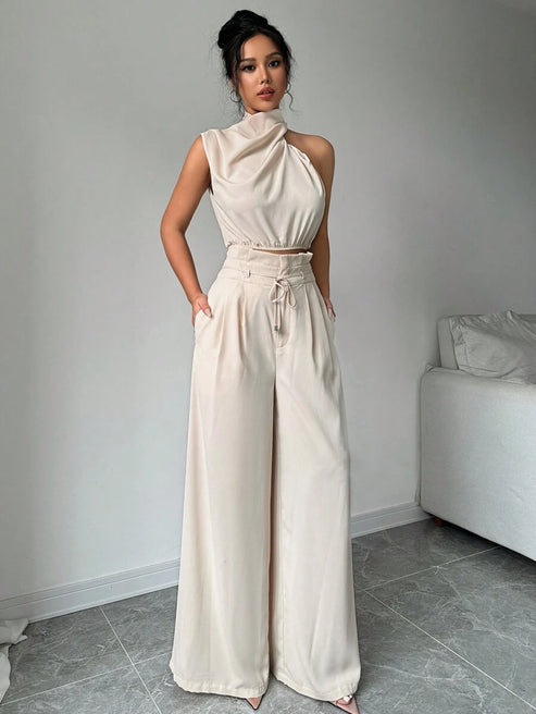 Women's turtleneck two-piece outfit with wide-leg pants