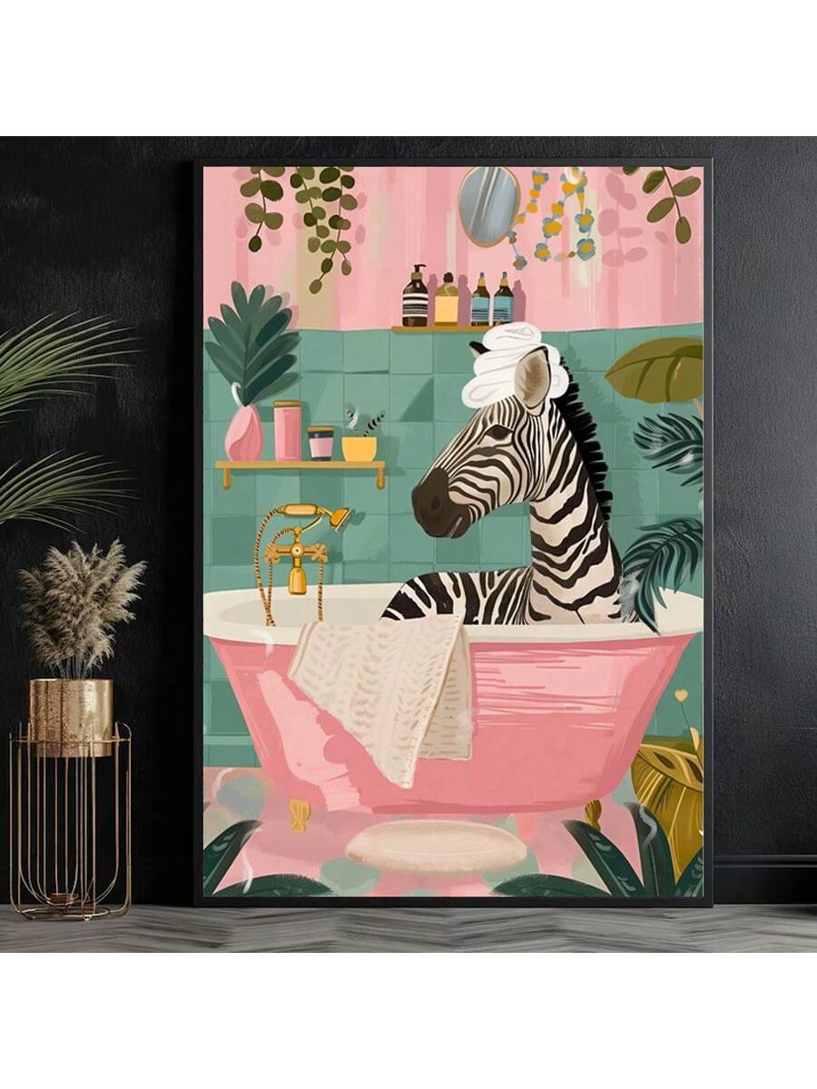 Create a fun and relaxing atmosphere in your bathroom with this Zebra Relaxing in Bathtub Canvas Wall Art. Featuring tropical jungle home decor, this piece adds a touch of whimsy to your space. Made from high-quality materials, it is durable and long-lasting. Perfect for animal lovers and those who enjoy a unique twist on traditional bathroom decor.