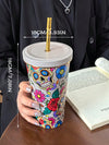 Skull Flower Print Golden Rim Vacuum Cup: Stay Hydrated in Style!