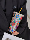 Skull Flower Print Golden Rim Vacuum Cup: Stay Hydrated in Style!