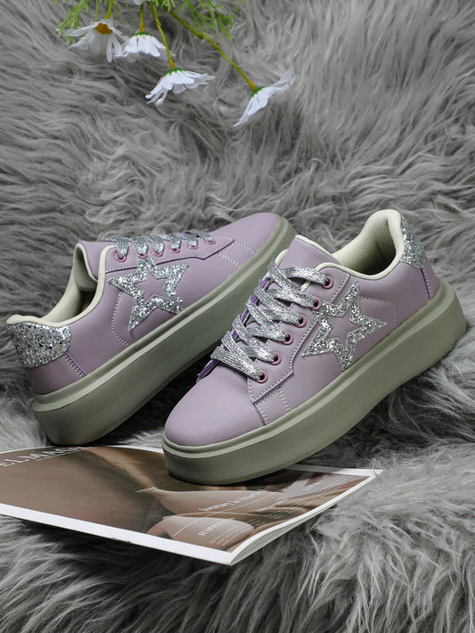 Shimmering Star Couple Sneakers: Purple and Silver Streetwear for Women