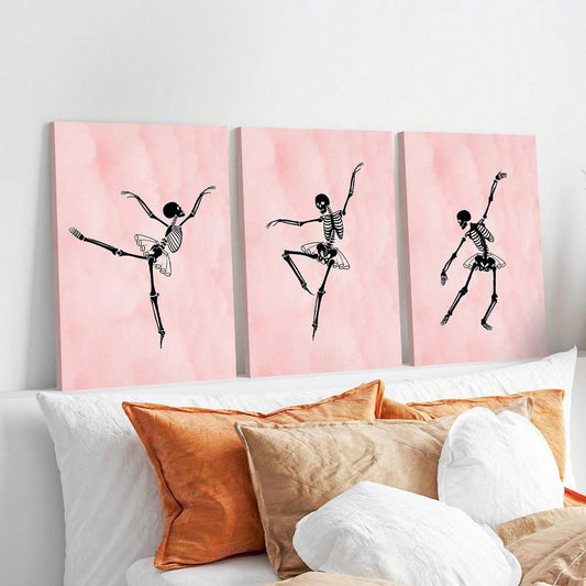 Pink Skeleton Halloween Home Decor Set: Spooky Chic Wall Art Trio